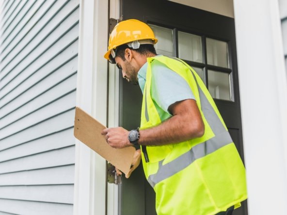 A male inspector in a hard hat conducts a property inspection outdoors with a clipboard.